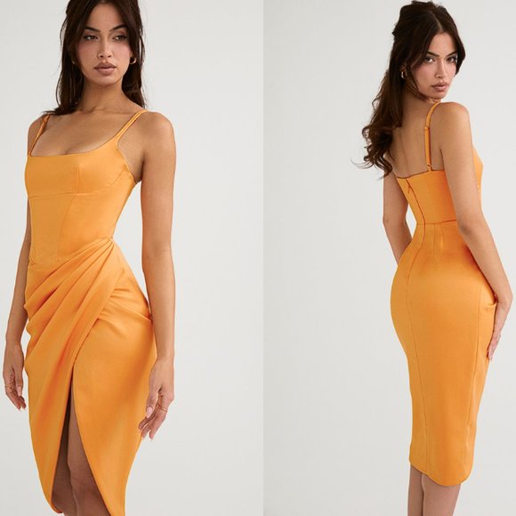 House of CB ‘Bianca’ Tangerine Satin Pleated Corset Midi Dress NWOT - Picture 4 of 12